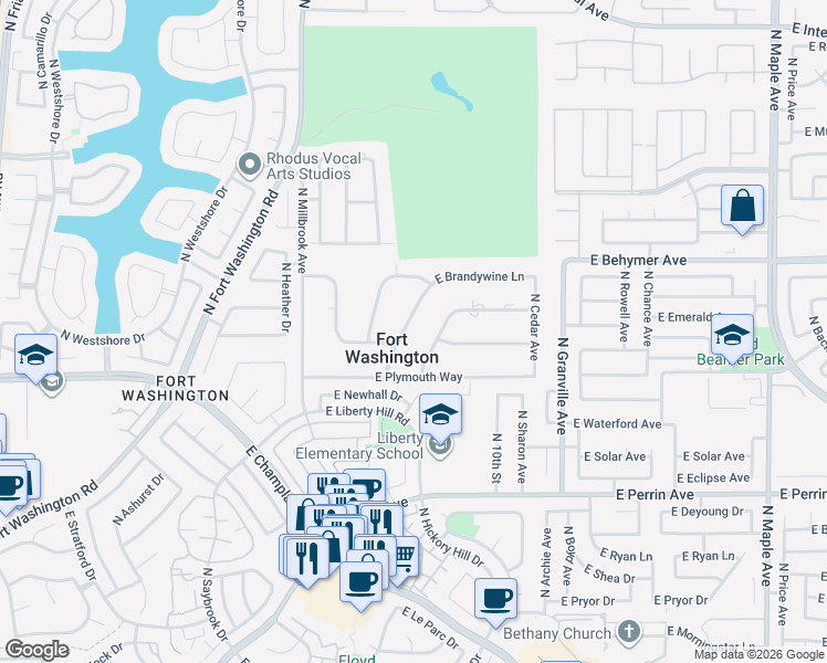 map of restaurants, bars, coffee shops, grocery stores, and more near 9820 North Yorktown Drive in Fresno