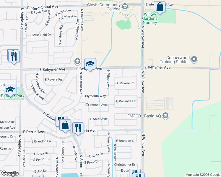 map of restaurants, bars, coffee shops, grocery stores, and more near 9838 North Winery Avenue in Fresno