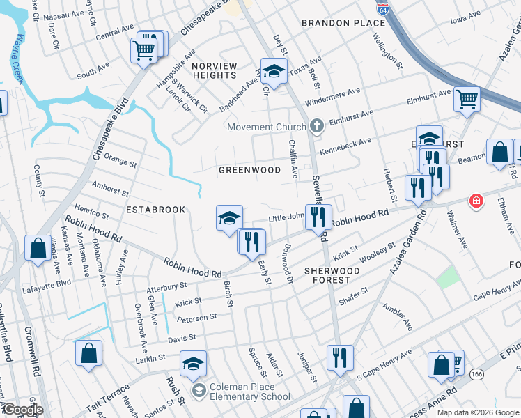 map of restaurants, bars, coffee shops, grocery stores, and more near 4563 Shoshone Court in Norfolk