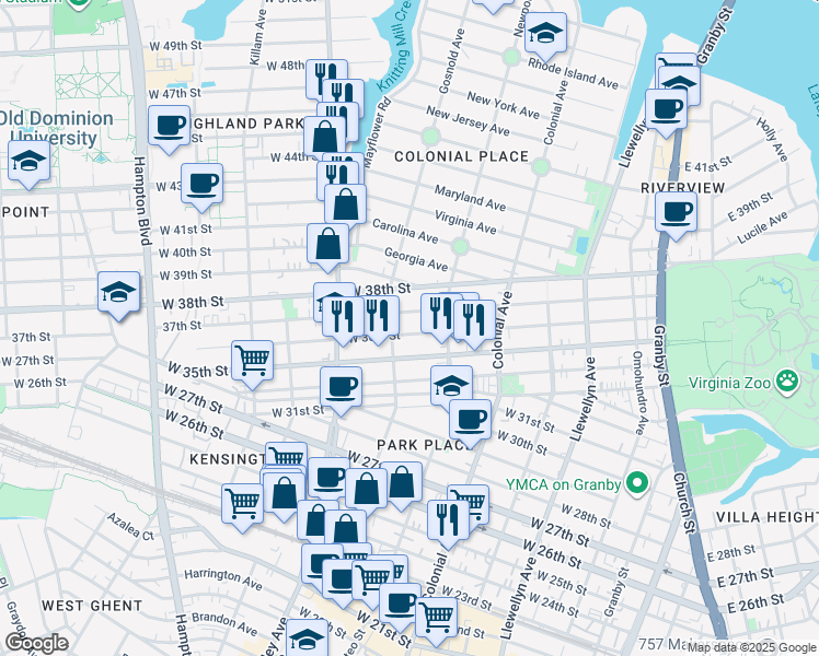map of restaurants, bars, coffee shops, grocery stores, and more near 618 West 36th Street in Norfolk