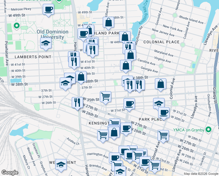 map of restaurants, bars, coffee shops, grocery stores, and more near 859 37th Street in Norfolk