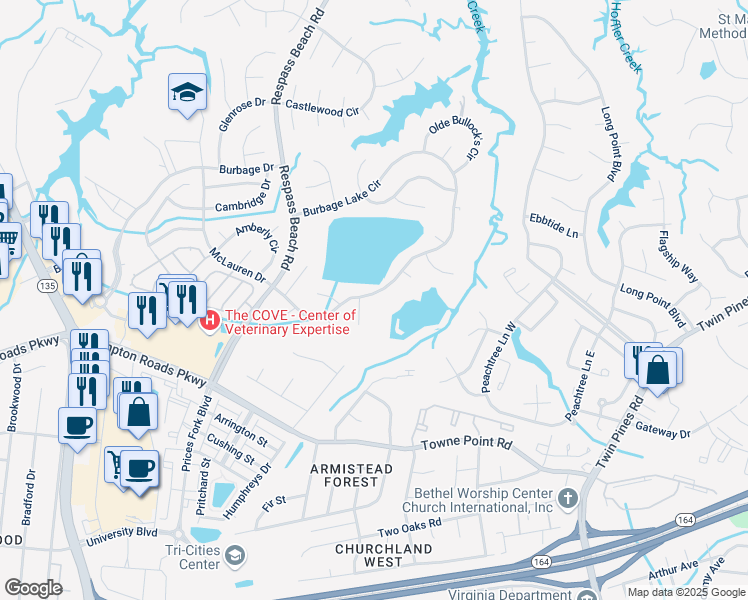 map of restaurants, bars, coffee shops, grocery stores, and more near 6720 Burbage Lake Circle in Suffolk