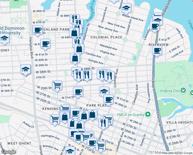 map of restaurants, bars, coffee shops, grocery stores, and more near 618 West 36th Street in Norfolk