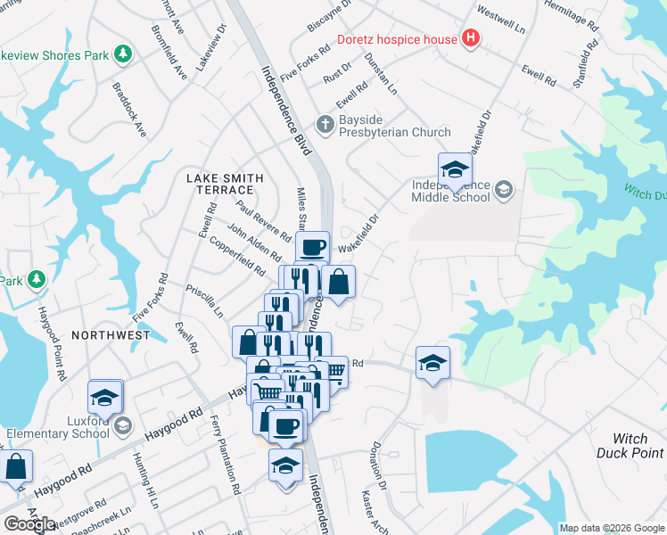 map of restaurants, bars, coffee shops, grocery stores, and more near 1223 Captain Adams Court in Virginia Beach