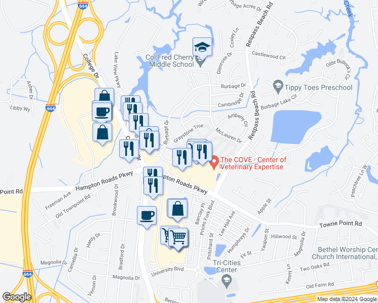 map of restaurants, bars, coffee shops, grocery stores, and more near 136 Graystone Trace in Suffolk