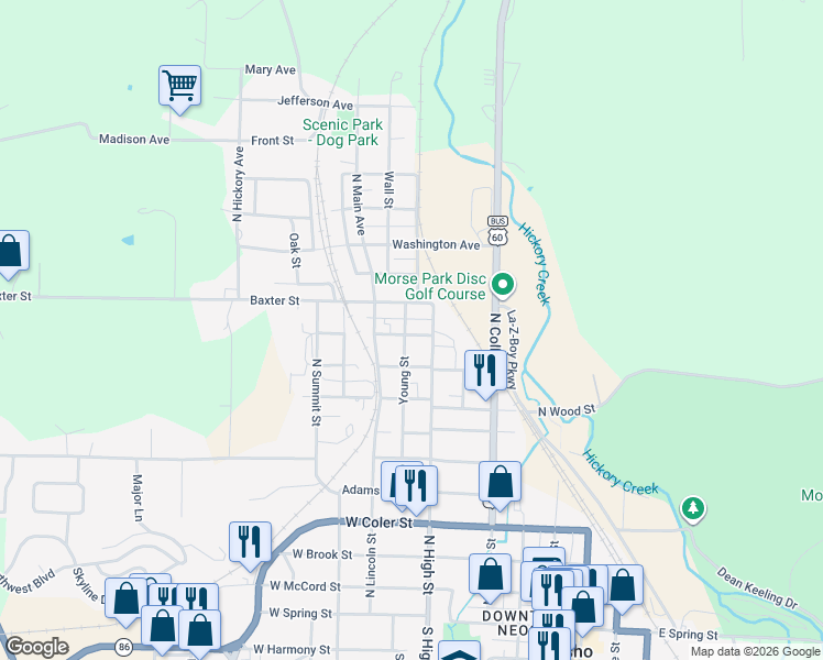 map of restaurants, bars, coffee shops, grocery stores, and more near 901 Young Street in Neosho
