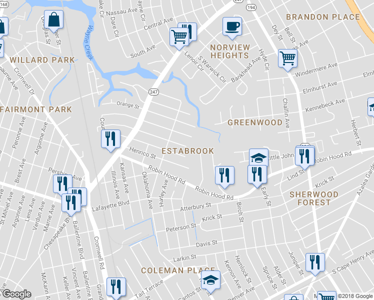 map of restaurants, bars, coffee shops, grocery stores, and more near 3735 Amherst St in Norfolk
