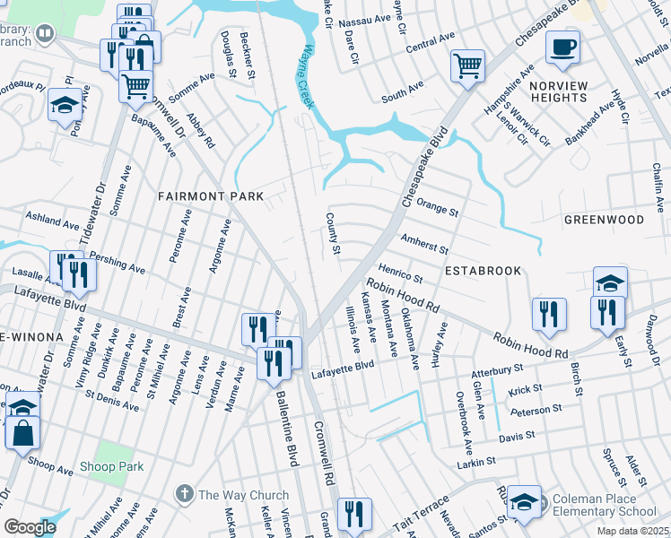 map of restaurants, bars, coffee shops, grocery stores, and more near 3405 County Street in Norfolk