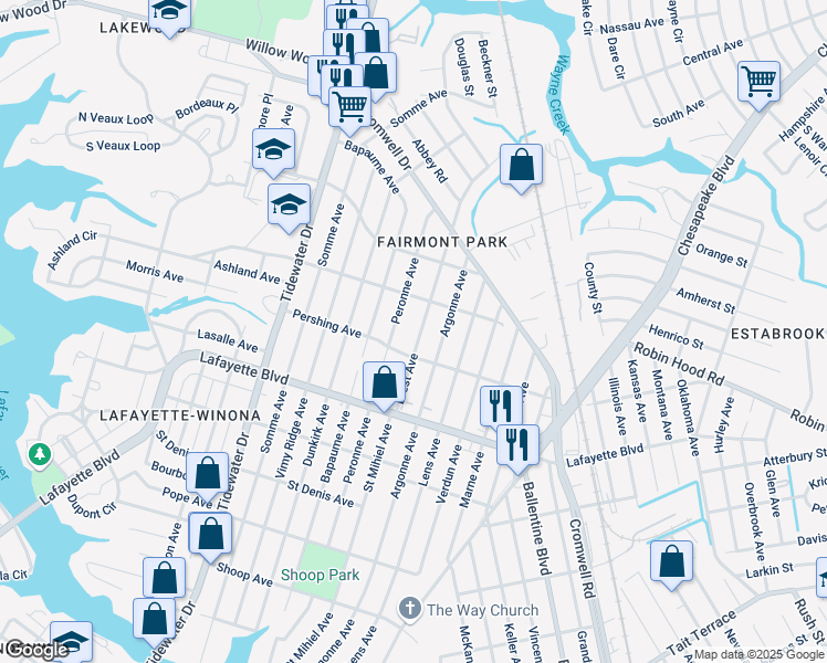 map of restaurants, bars, coffee shops, grocery stores, and more near 3318 Brest Avenue in Norfolk