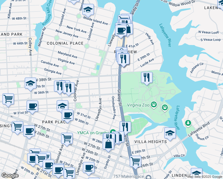 map of restaurants, bars, coffee shops, grocery stores, and more near 3511 Omohundro Avenue in Norfolk