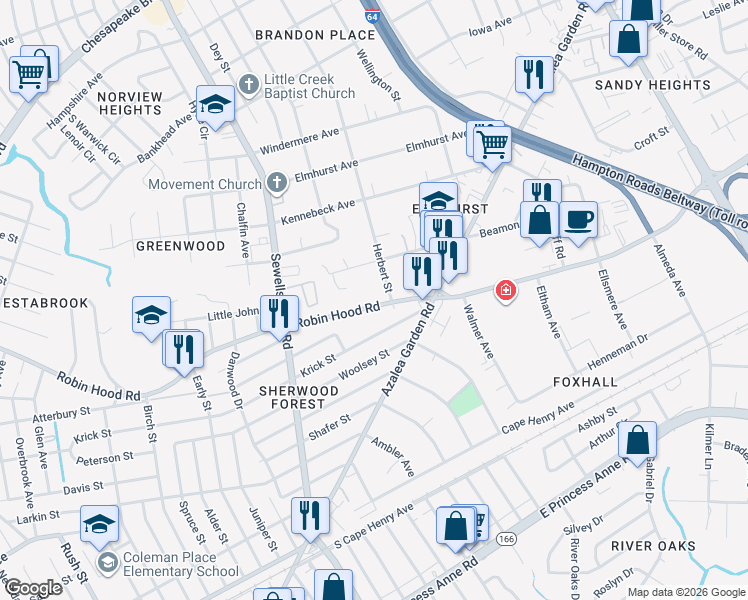 map of restaurants, bars, coffee shops, grocery stores, and more near 4864 Robin Hood Road in Norfolk