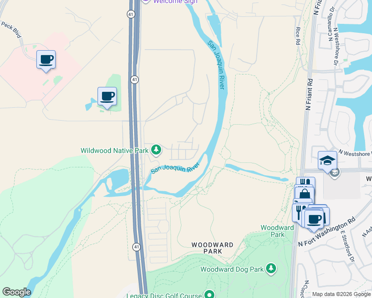 map of restaurants, bars, coffee shops, grocery stores, and more near 42922 Avenue 12 in Madera