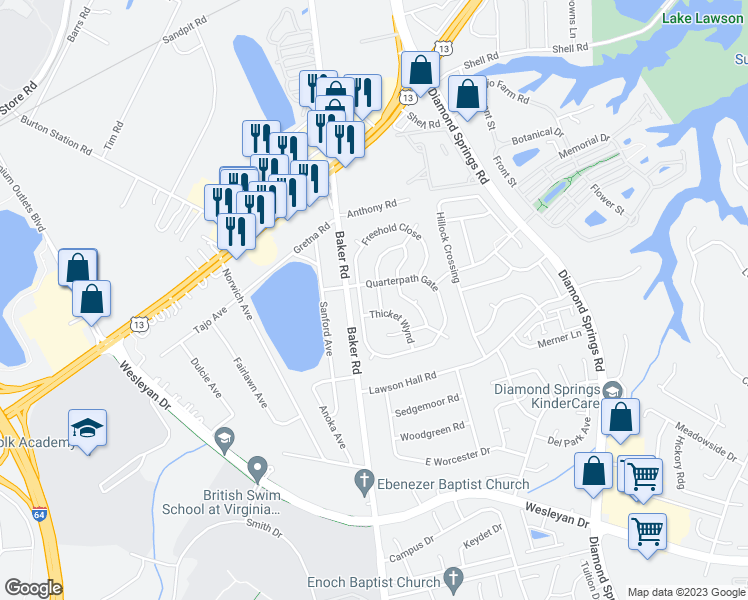 map of restaurants, bars, coffee shops, grocery stores, and more near 5508 Quarterpath Gate in Virginia Beach