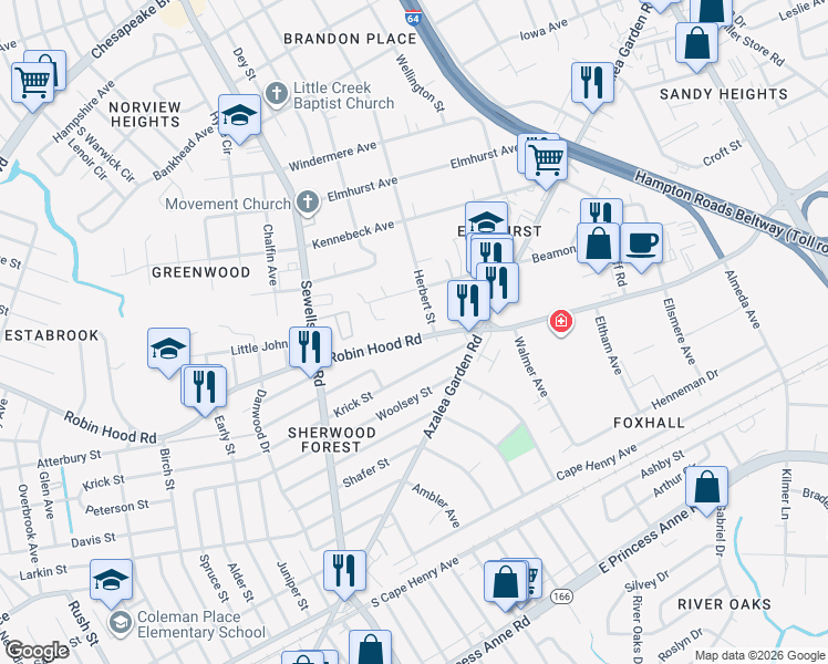 map of restaurants, bars, coffee shops, grocery stores, and more near 4864 Robin Hood Road in Norfolk