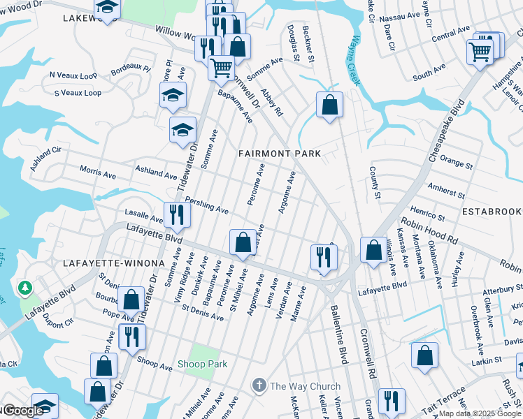 map of restaurants, bars, coffee shops, grocery stores, and more near 3318 Brest Avenue in Norfolk