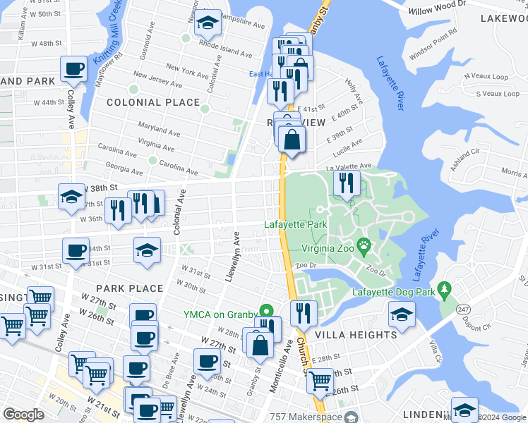 map of restaurants, bars, coffee shops, grocery stores, and more near 3509 Granby Street in Norfolk