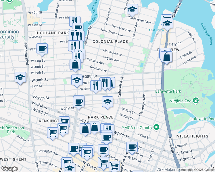 map of restaurants, bars, coffee shops, grocery stores, and more near 536 West 36th Street in Norfolk