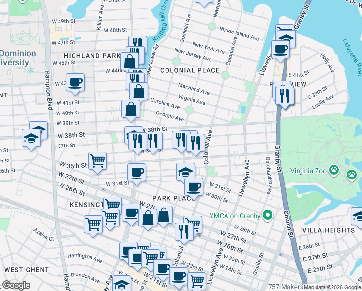 map of restaurants, bars, coffee shops, grocery stores, and more near 536 West 36th Street in Norfolk