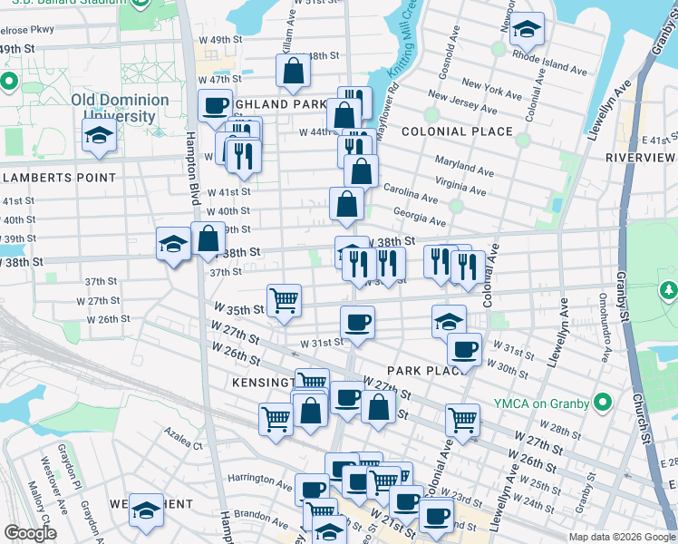 map of restaurants, bars, coffee shops, grocery stores, and more near 823 37th Street in Norfolk
