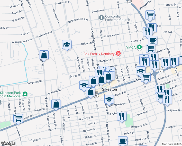 map of restaurants, bars, coffee shops, grocery stores, and more near 108 West North Street in Sikeston