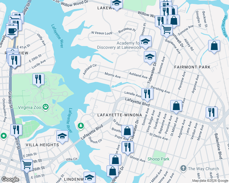 map of restaurants, bars, coffee shops, grocery stores, and more near 1607 Lasalle Avenue in Norfolk