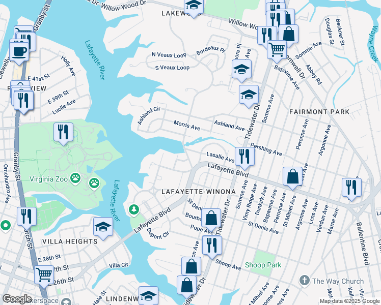 map of restaurants, bars, coffee shops, grocery stores, and more near 1607 Lasalle Avenue in Norfolk
