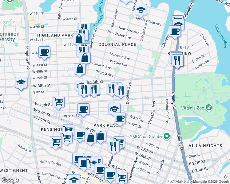 map of restaurants, bars, coffee shops, grocery stores, and more near 3600 Newport Avenue in Norfolk