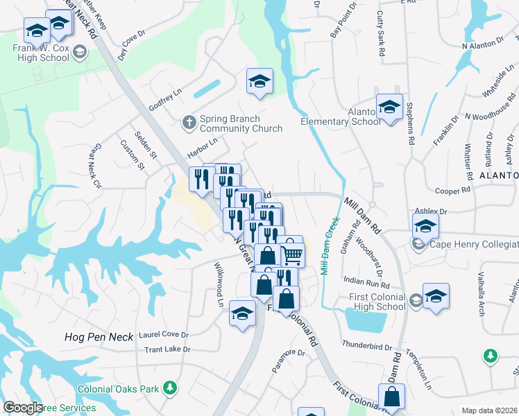 map of restaurants, bars, coffee shops, grocery stores, and more near 1310 Victorian Crescent in Virginia Beach