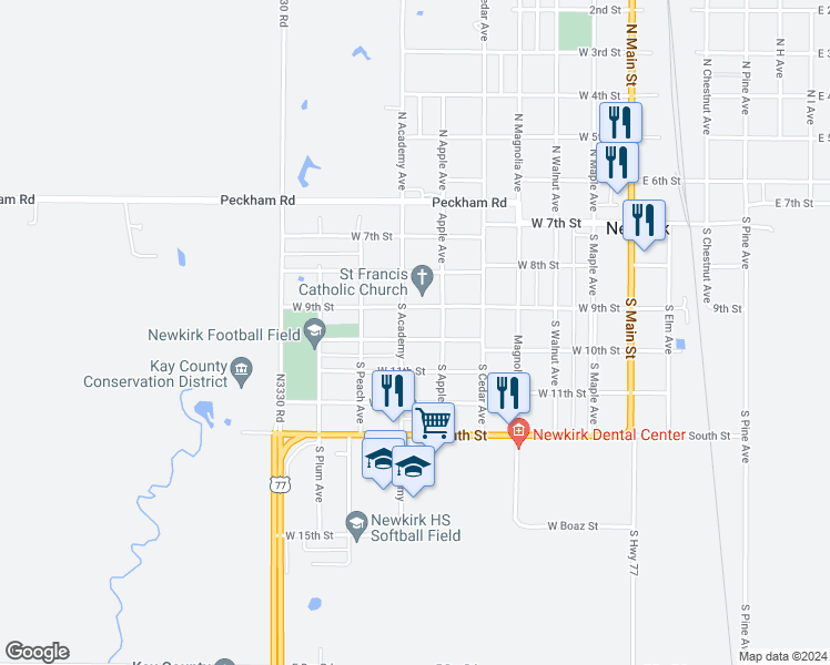map of restaurants, bars, coffee shops, grocery stores, and more near 622 West 10th Street in Newkirk
