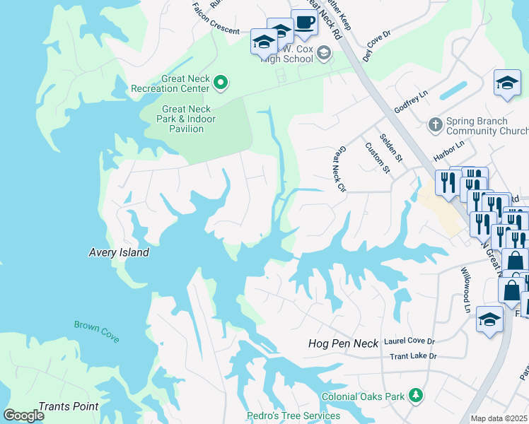 map of restaurants, bars, coffee shops, grocery stores, and more near 1440 Back Cove Road in Virginia Beach