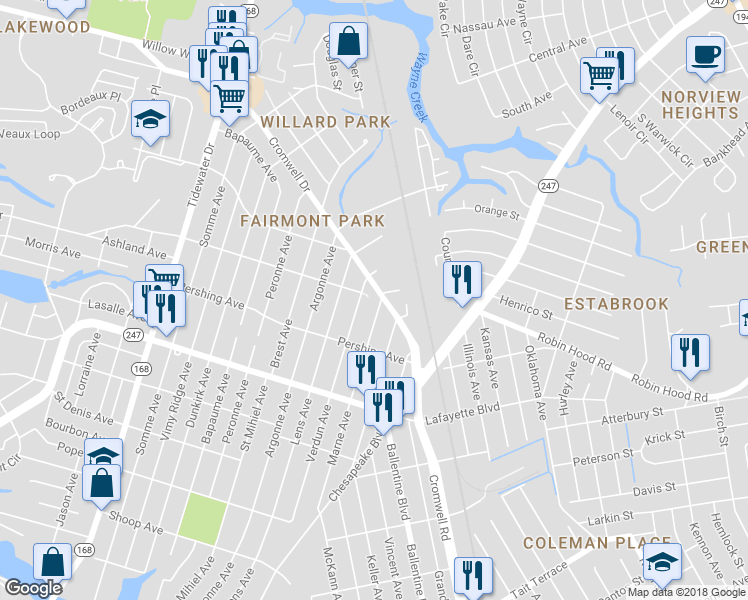map of restaurants, bars, coffee shops, grocery stores, and more near 3341 Marne Avenue in Norfolk