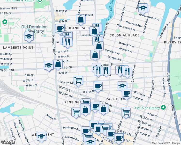 map of restaurants, bars, coffee shops, grocery stores, and more near 823 West 37th Street in Norfolk
