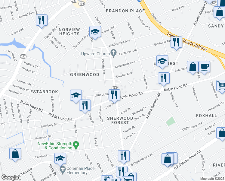 map of restaurants, bars, coffee shops, grocery stores, and more near 3045 Sewells Point Road in Norfolk