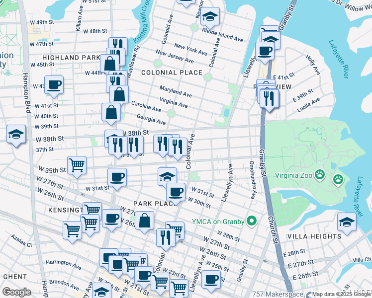 map of restaurants, bars, coffee shops, grocery stores, and more near 3601 Colonial Avenue in Norfolk