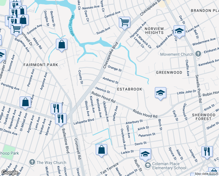 map of restaurants, bars, coffee shops, grocery stores, and more near 3649 Nottaway Street in Norfolk