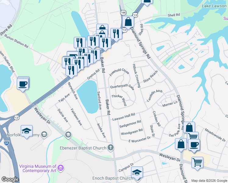 map of restaurants, bars, coffee shops, grocery stores, and more near 5508 Quarterpath Gate in Virginia Beach