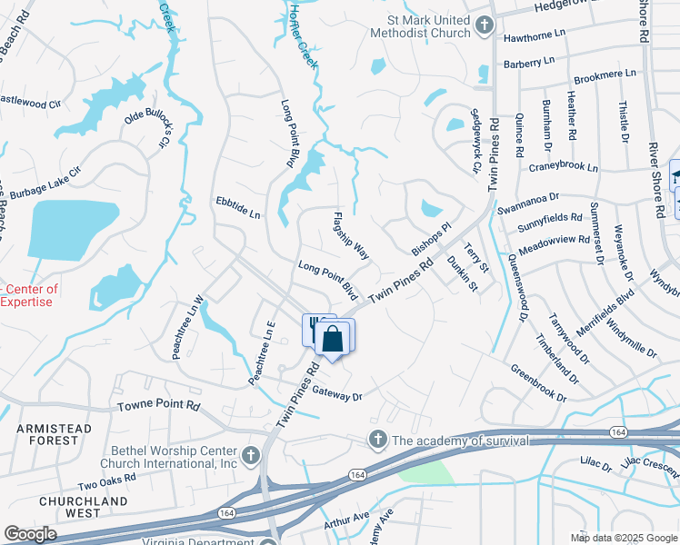map of restaurants, bars, coffee shops, grocery stores, and more near 3817 Long Point Boulevard in Portsmouth