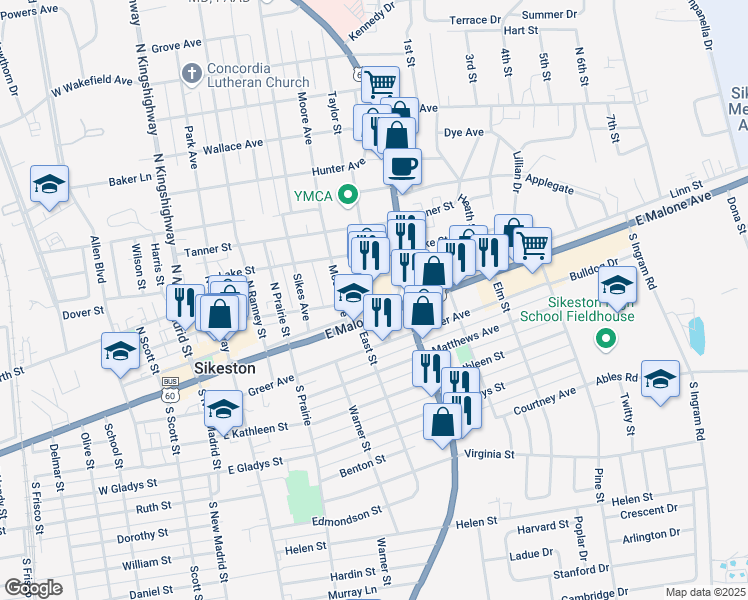 map of restaurants, bars, coffee shops, grocery stores, and more near 211 Linn Street in Sikeston