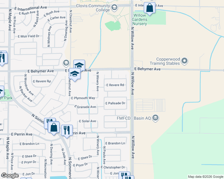 map of restaurants, bars, coffee shops, grocery stores, and more near 2842 East Emerald Avenue in Fresno