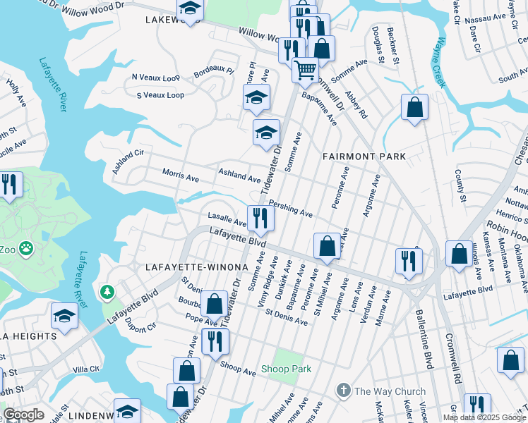 map of restaurants, bars, coffee shops, grocery stores, and more near 3240 Tidewater Drive in Norfolk