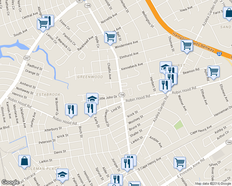 map of restaurants, bars, coffee shops, grocery stores, and more near 3045 Sewells Point Road in Norfolk