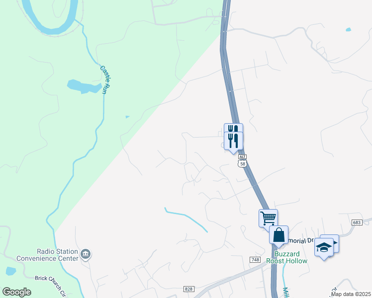 map of restaurants, bars, coffee shops, grocery stores, and more near Stan Street in Castlewood