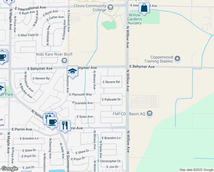 map of restaurants, bars, coffee shops, grocery stores, and more near 2828 East Emerald Avenue in Fresno