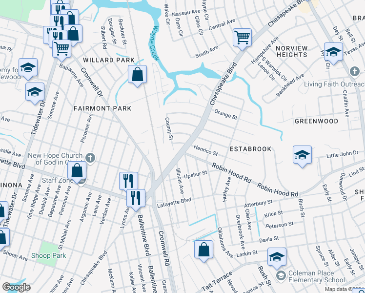 map of restaurants, bars, coffee shops, grocery stores, and more near 3411 Chesapeake Boulevard in Norfolk