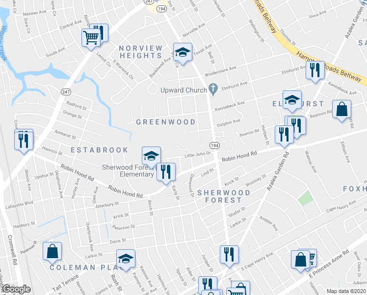 map of restaurants, bars, coffee shops, grocery stores, and more near 4630 McNutt Court in Norfolk