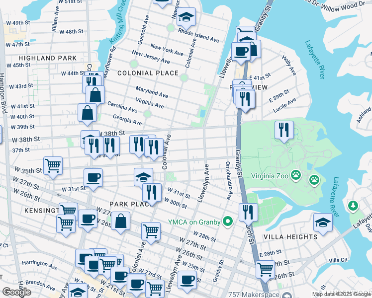 map of restaurants, bars, coffee shops, grocery stores, and more near 3611 De Bree Avenue in Norfolk