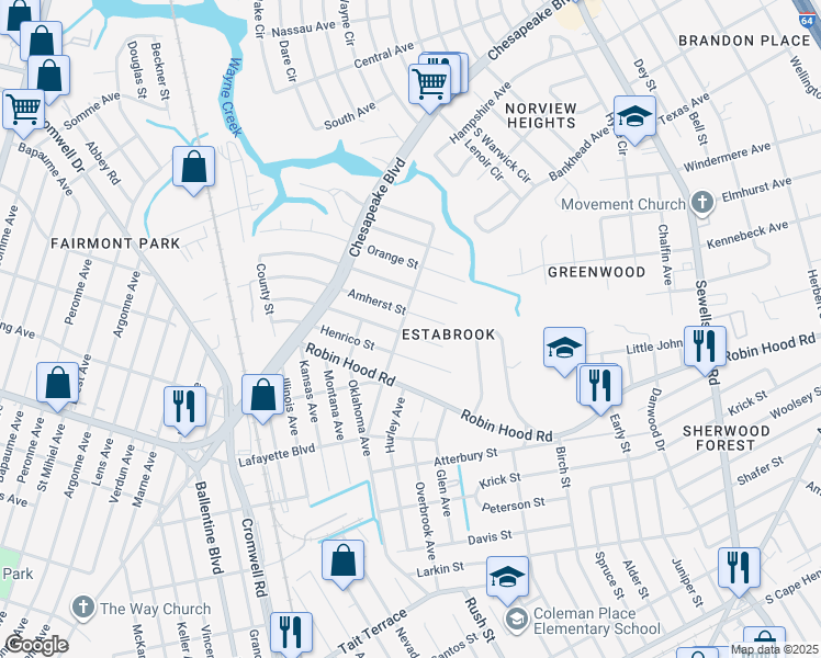 map of restaurants, bars, coffee shops, grocery stores, and more near 3710 Nottaway Street in Norfolk