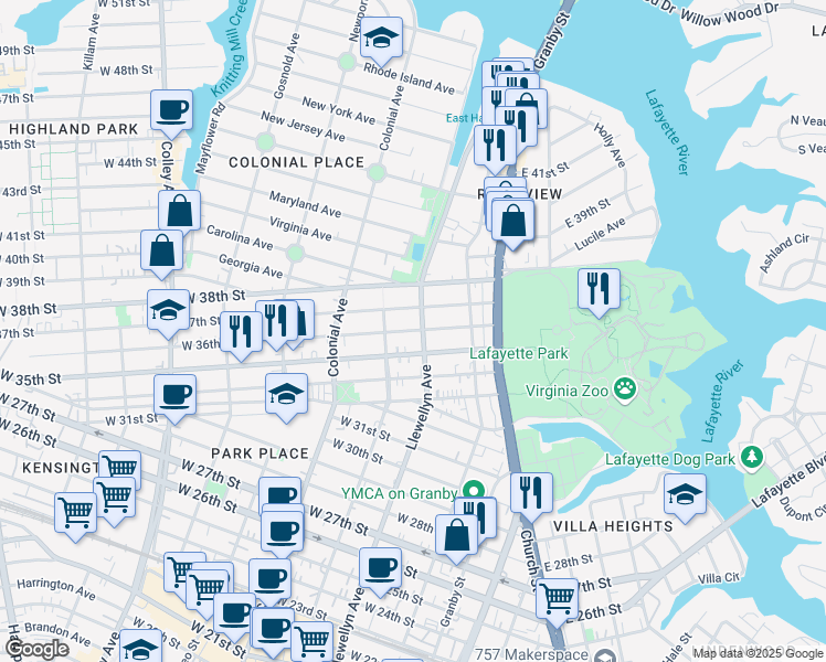 map of restaurants, bars, coffee shops, grocery stores, and more near 307 West 36th Street in Norfolk