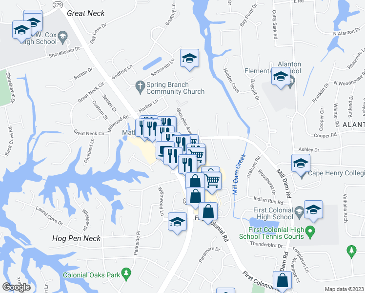map of restaurants, bars, coffee shops, grocery stores, and more near 1345 Victorian Crescent in Virginia Beach