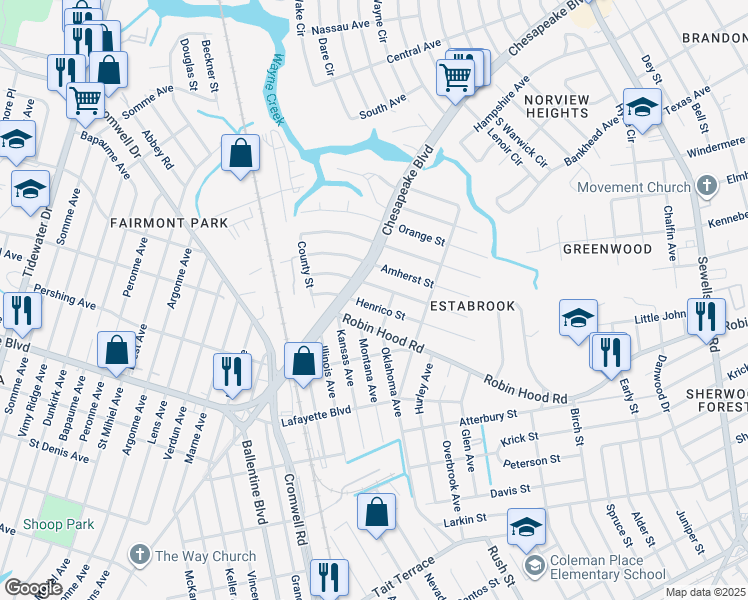 map of restaurants, bars, coffee shops, grocery stores, and more near 3628 Henrico Street in Norfolk